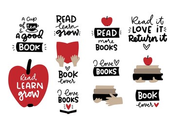 book lover short quote vector design set for student or teacher with hand drawn clipart. collection of graphic for literature class, school, library poster.