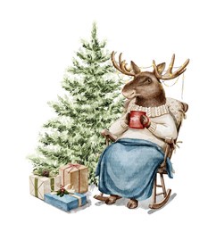 watercolor christmas vintage moose in clothes holding holiday hot drink in rocking chair near the fir tree with gift box isolated on white background. hand drawn illustration sketch