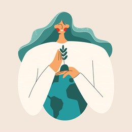 mother earth planet day or protect globe environment nature. environmental protection. saving the planet, female character protect our earth. go green concept. flat vector cartoon illustration