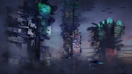 digital 3d illustration of a futuristic sci-fi cyberpunk city with flying cars a neon lights - fantasy painting
