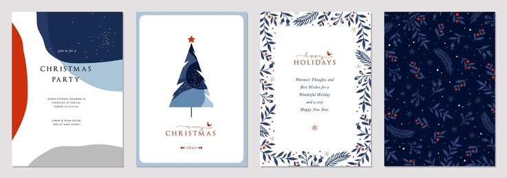 modern corporate holiday cards with christmas tree, birds, ornate floral frame, background and copy space. universal artistic templates.