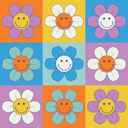 80s retro vintage pop art smiley face daisy illustration print for graphic tee t shirt or poster sticker - vector