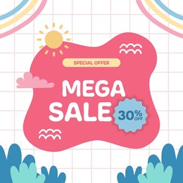 mega sale discount offer promotion for kid children baby newborn with pink pastel and fun abstract memphis element