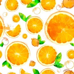 orange vector seamless patterns of sliced ??fruit and leaves painted with watercolors on white background. 
