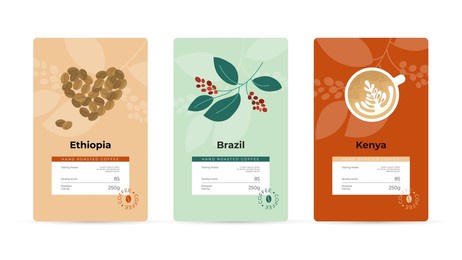specialty coffee packaging design concept. labels set for package, coffeehouse. vector illustration of heart shaped coffee beans, tree branch with berries, cappuccino cup. branding, mockup, template