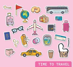 travel stickers collection. cartoon vector transport, baggage, and things for traveling girls. 