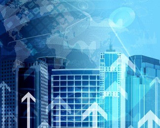 skyscrapers with background of graphs and arrows