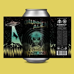 custom beer label design. beer label with the night sky with stars, ufo spaceship, and alien holding beer glasses.