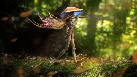 a charming young dryad girl with a mushroom head carelessly travels through a green forest with a small bag on a stick, she has long blonde hair, her heels walk on green moss. 3d rendering