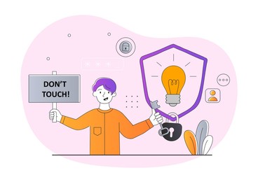 intellectual property concept. male entrepreneur asks not to touch his idea and closes light bulb with lock. copyright protection, patented product or trademark. cartoon flat vector illustration