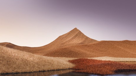 surreal mountains landscape with orange peaks and pale purple sky. minimal modern abstract background. shaggy surface with a slight noise. 3d rendering