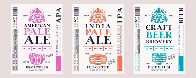 set of template decorative label for craft beer. american and india pale ale flavor. floral ornament in retro style. vector illustration. color print on white border