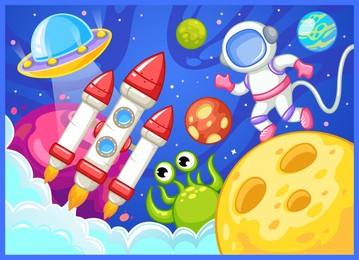 space rocket flying saucer astronaut planet illustration