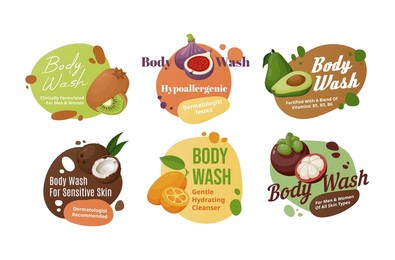 collection body wash stickers with place for text vector flat illustration. set of skin care cosmetics label decorative design with exotic fruits kiwi, avocado, figs, coconut, persimmon and longkong