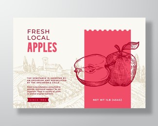 fresh local apples food label template. abstract vector packaging design layout. modern typography banner with hand drawn fruit and rural landscape background. isolated.