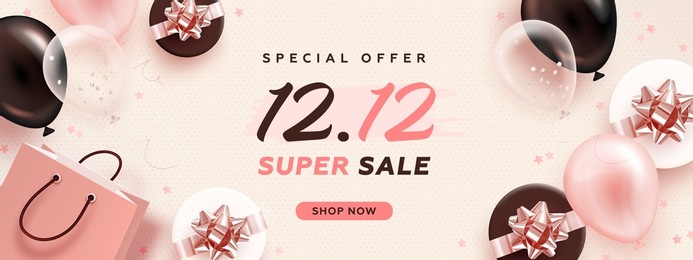 1212 mega sale horizontal banner with realistic balloons and gift box on pink background. vector illustration