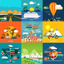 icons set of traveling, planning a summer vacation, tourism and journey objects, hitchhiking and passenger luggage in flat design. different types of travel. business travel concept