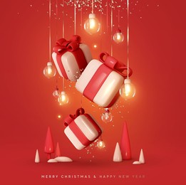 merry christmas and happy new year background. realistic 3d xmas design, falling gift boxes and gold confetti hanging on ribbon glass balls decoration light garland christmas tree. vector illustration