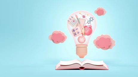 open mind book kid imagine creative light bulb idea float sky clouds pencil clock globe rocket pink pastel. book opening of education math calculator science online learning study. 3d illustration.