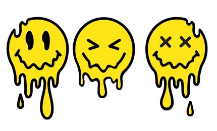 funny melt smile faces set collection. melted smile faces in trippy acid rave style isolated on white. psychedelic quirky cartoon face. urban graffiti style vector design element