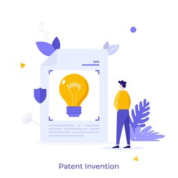 person looking at lightbulb on paper sheet. concept of invention patent, protected industrial property or knowhow, protection of inventor's intellectual work. flat vector illustration for banner.