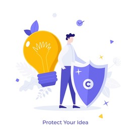 man protecting lightbulb with shield with copyright symbol on it. concept of protection of author's idea or intellectual property rights. modern flat colorful vector illustration for banner, poster.
