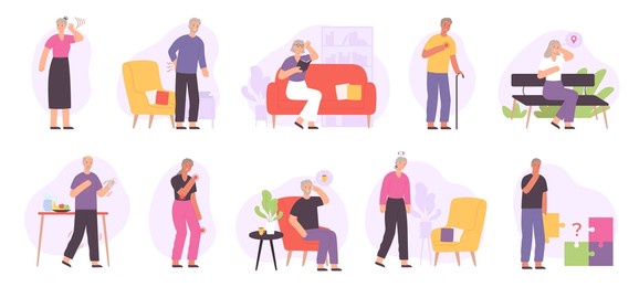 senior people joint diseases, health problems, alzheimer and dementia. elderly with heart ache, memory, hearing and vision lost set. retired characters suffering from illnesses