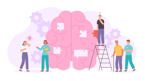 alzheimer or dementia disease concept with elder characters and doctors. flat human brain with lost memory. neurology disorder poster. doctors collecting brain puzzle to treat illness
