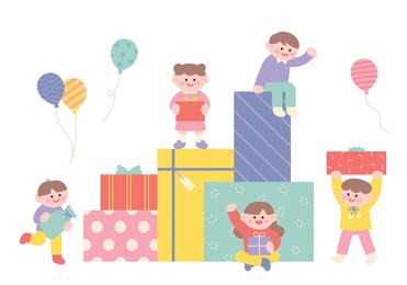 cute children are having fun around a large gift box. flat design style vector illustration.