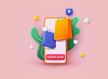 online shopping on application and website concept. mobile smart phone with shopping app. 3d web vector illustrations. 