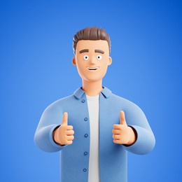 smiling cartoon character man in blue shirt showing thumbs up over blue background. good feedback concept. 3d render illustration.
