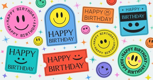 cool trendy happy birthday stickers background vector design.