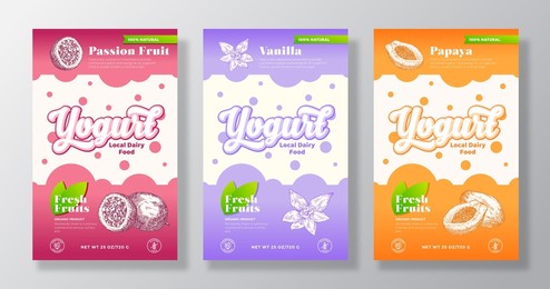 fruits and berries yogurt label templates set. abstract vector dairy packaging design layouts collection. modern banner with hand drawn maracuja, papaya and vanilla sketches background. isolated.