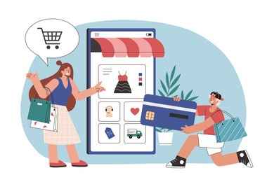 man pays for woman with credit card in flat style illustration. man kneeling and giving woman his credit card for her online shopping cart's goods payment