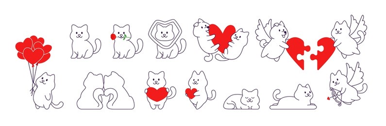cartoon cute cat and dog line style in different poses for valentine's day greeting card or sticker