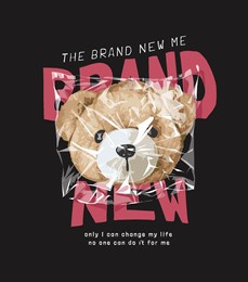 brand new slogan with bear doll head in clear plastic bag vector illustration on black background