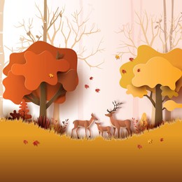 paper art style autumn landscape with deer family forest many beautiful trees leaves