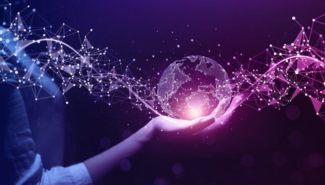 metaverse technology.next generation technology.global networking connection,science, innovation and communication technology.hand holding earth globe with data exchanges on connection technology.