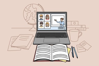 workplace of student study online with laptop on lockdown at home. desk with computer internet class and books. remote education. new normal concept. distant learning. vector illustration.