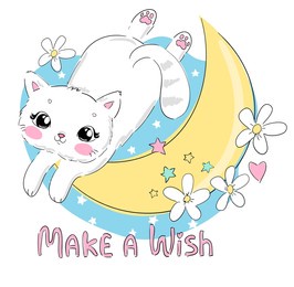hand drawn cute cat and moon, flowers vector illustration, children print design, phrase make a wish