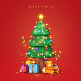 christmas sparkling bright tree with star. merry christmas and happy new year. realistic 3d design of objects, light garlands, bauble ball, gift box, surprise gifts, gold confetti. vector illustration