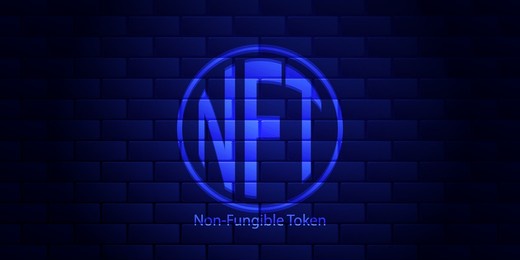 concept banner nft non fungible tokens on blue background. dark blue brick wall. vector illustration.