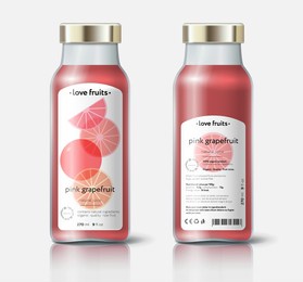 grapefruit juice packaging. beautiful transparency whole and cut fruits. bottle template with face and back labels. 