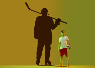 right choice. conceptual image with young man dreaming about new future sport career. shadow of strong male hockey player on dark green background. achievements, dreams, imagination