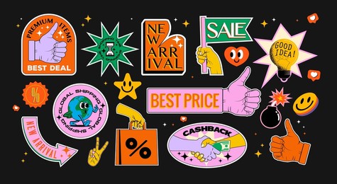 retro vintage styled shopping stickers or icons collection isolated on black background. vector illustration