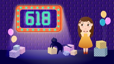 illustration for mid-year shopping festival in china. a girl standing near the neon light with many packages.