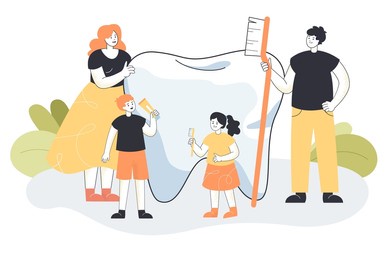 tiny people standing near big tooth holding oral cavity care hygiene products. happy family brushing molar with toothpaste and toothbrush flat vector illustration. stomatology, dental health concept