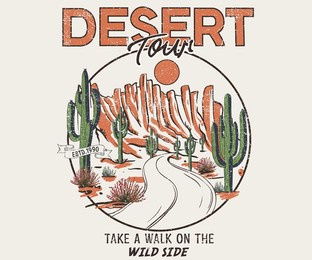 arizona road trip hand drawn graphic print design for t shirt, apparel, sticker, batch, background, poster and others. wild cactus vector artwork for clothing .