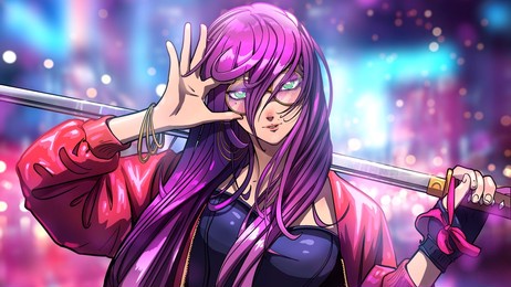 mature elegant woman with purple hair drawn in anime style, she is a fighter with a katana in her hand playfully adjusts round glasses, she is wearing a red leather jacket and a black corset. 2d art