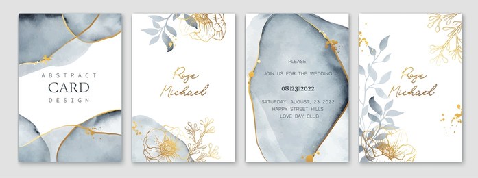 set of elegant cards in blue, grey, white, golden colors. watercolor spots, ink imitation, botanical leaves, gold lines, splatters. wedding invitation, cover, packaging, place for text, frame design.